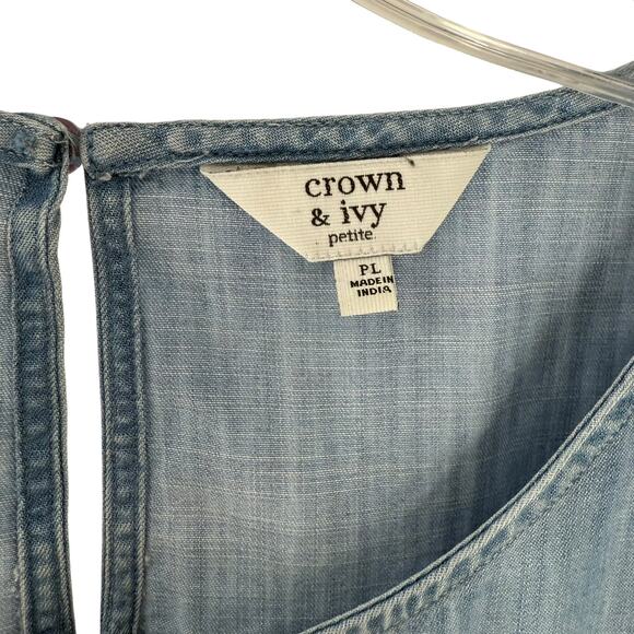 Crown And Ivy Chambray Top Ruffle Blue 3/4 Sleeve Petite Large Boho Preppy Flare - Picture 4 of 7